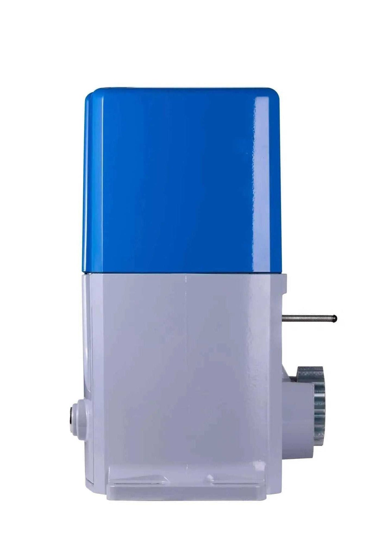 Quiko ERCOLE 2500 Industrial Sliding Gate Motor in blue and light gray, with a glossy cover and exposed drive gear.