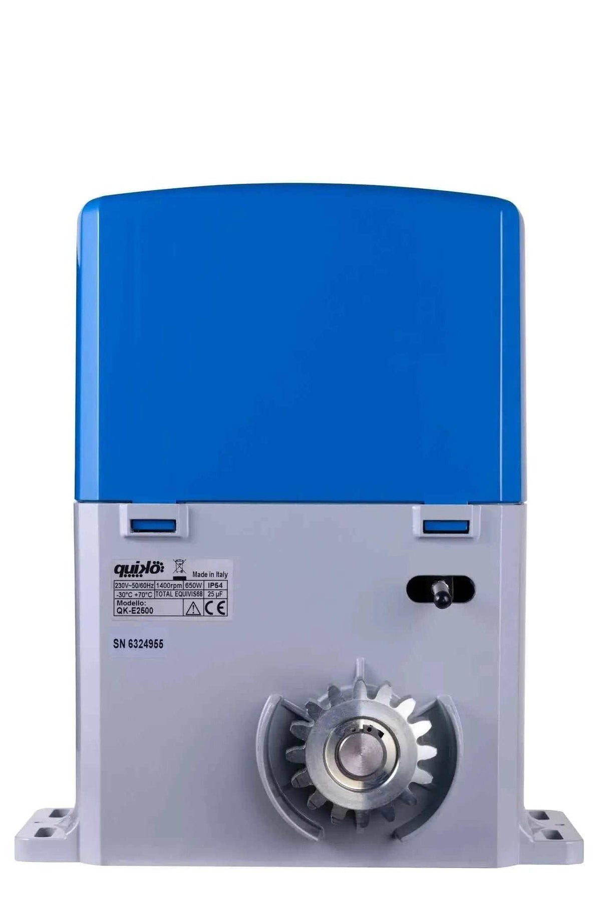 Quiko ERCOLE 2500 Industrial Sliding Gate Motor with a blue cover, grey metal body and exposed drive gear.