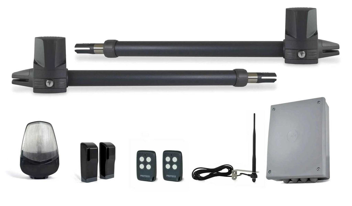 Proteco Telescopic Swing Gate Operator kit with two black metal actuators, grey control box, remotes and sensors