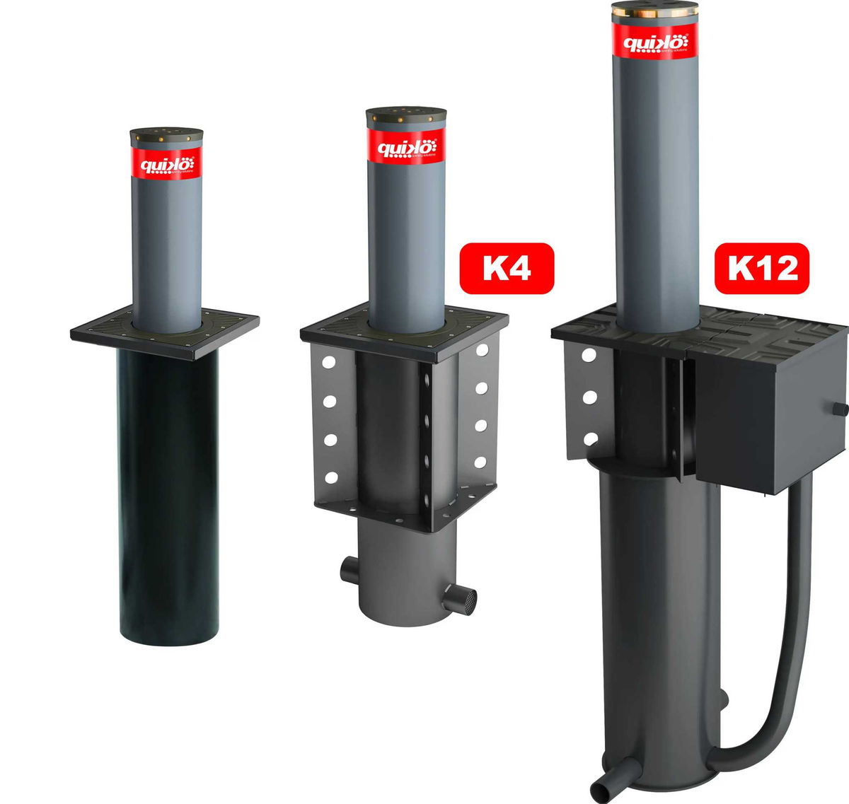 Quiko Automatic Rising Bollards in dark grey metal, shown in three models with red Quiko labels and black mounting housings.