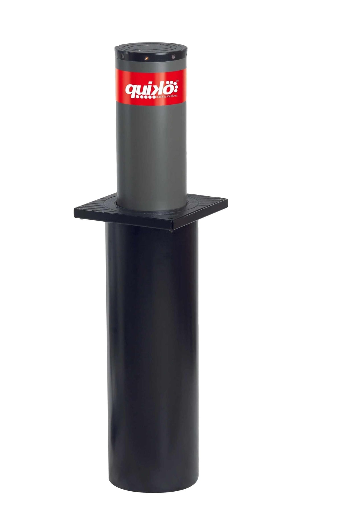 Quiko Automatic Rising Bollards, a grey metal bollard with a red Quiko logo, shown partially raised above its black housing.
