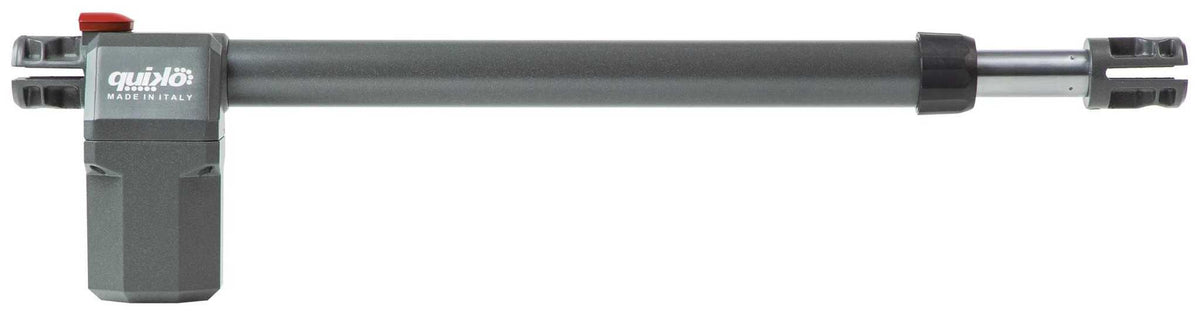 Swing gate operator, Quiko EON E-600 Swing Gate Operator, with a dark grey metal body, telescoping arm and red cap.