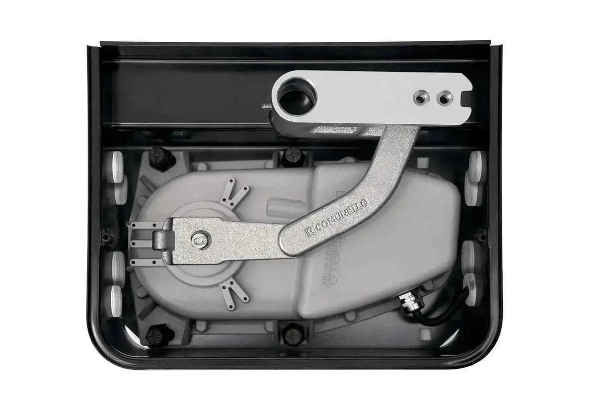 Comunello EAGLE Underground Swing Gate Motor with a grey metal mechanism and curved linkage in a black foundation box