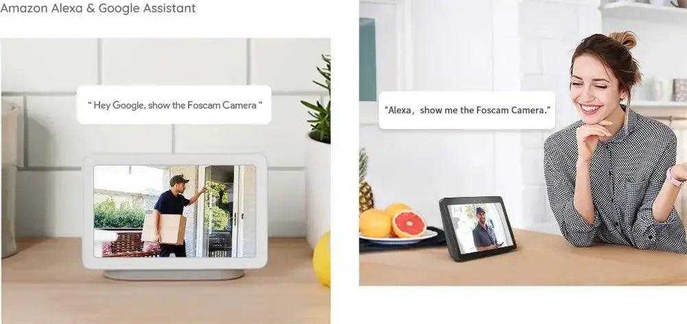 Foscam S21 Wi-Fi Bullet Camera is shown on a smart display and tablet, with Alexa and Google Assistant voice-control examples.