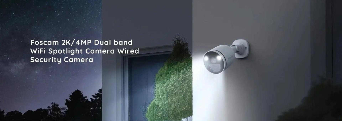 Foscam S21 Wi-Fi Bullet Camera in silver and white, with a cylindrical spotlight head and round wall-mount base.