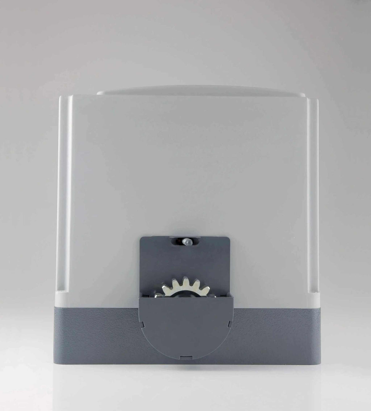 Quiko MOOVY Sliding Gate Operator with a white and dark gray plastic housing and exposed metal drive gear.
