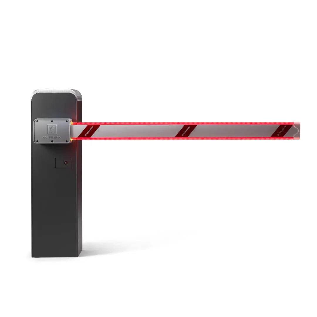 Comunello LIMIT 500 Automatic Parking Barrier with a dark grey metal cabinet and red-and-white striped boom arm.