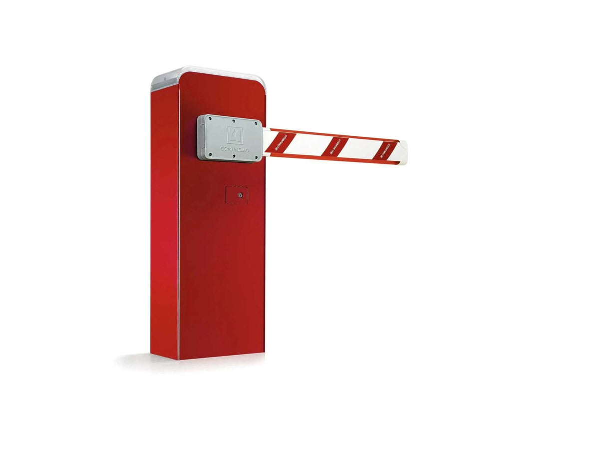 Automatic parking barrier, red metal cabinet with a white and red striped boom arm; Comunello LIMIT 600 Automatic Parking Barrier