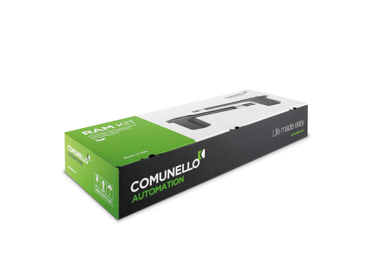 Comunello RAM 300 Swing Gate Motor kit in a long green, black and white cardboard box with printed actuator graphics