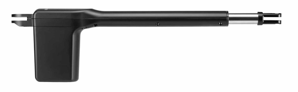 Swing gate motor, Comunello RAM 300 Swing Gate Motor, with a black metal actuator arm and silver piston rod.