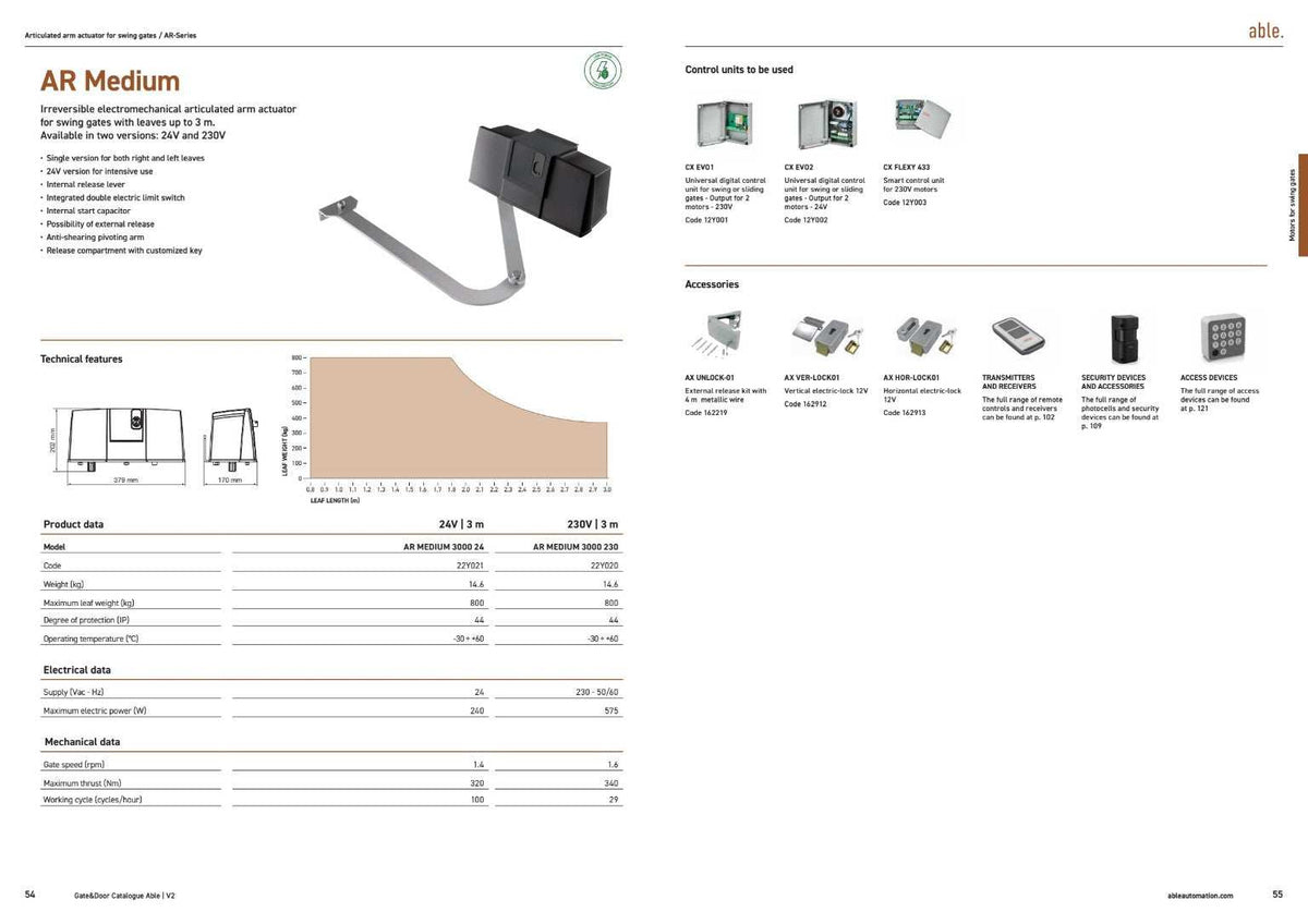 Able AR-Series Articulated Swing Gate Motors, black and grey operators with a curved metal articulated arm and accessories.