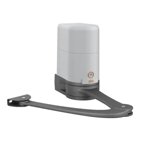 Able AR-Series Articulated Swing Gate Motors, white and charcoal grey operator with a long articulated metal arm and mounting bracket