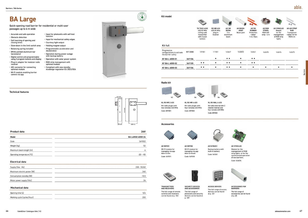 Able BA-Series Automatic Road Barriers product brochure with a grey cabinet, white boom arm, and accessory diagrams and tables.