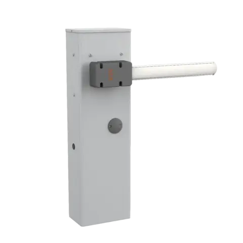 Able BA-Series Automatic Road Barriers with a white metal housing, dark control panel and horizontal white boom arm