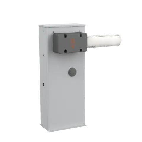 Able BA-Series Automatic Road Barriers with a tall grey metal cabinet, white horizontal boom and dark control unit.