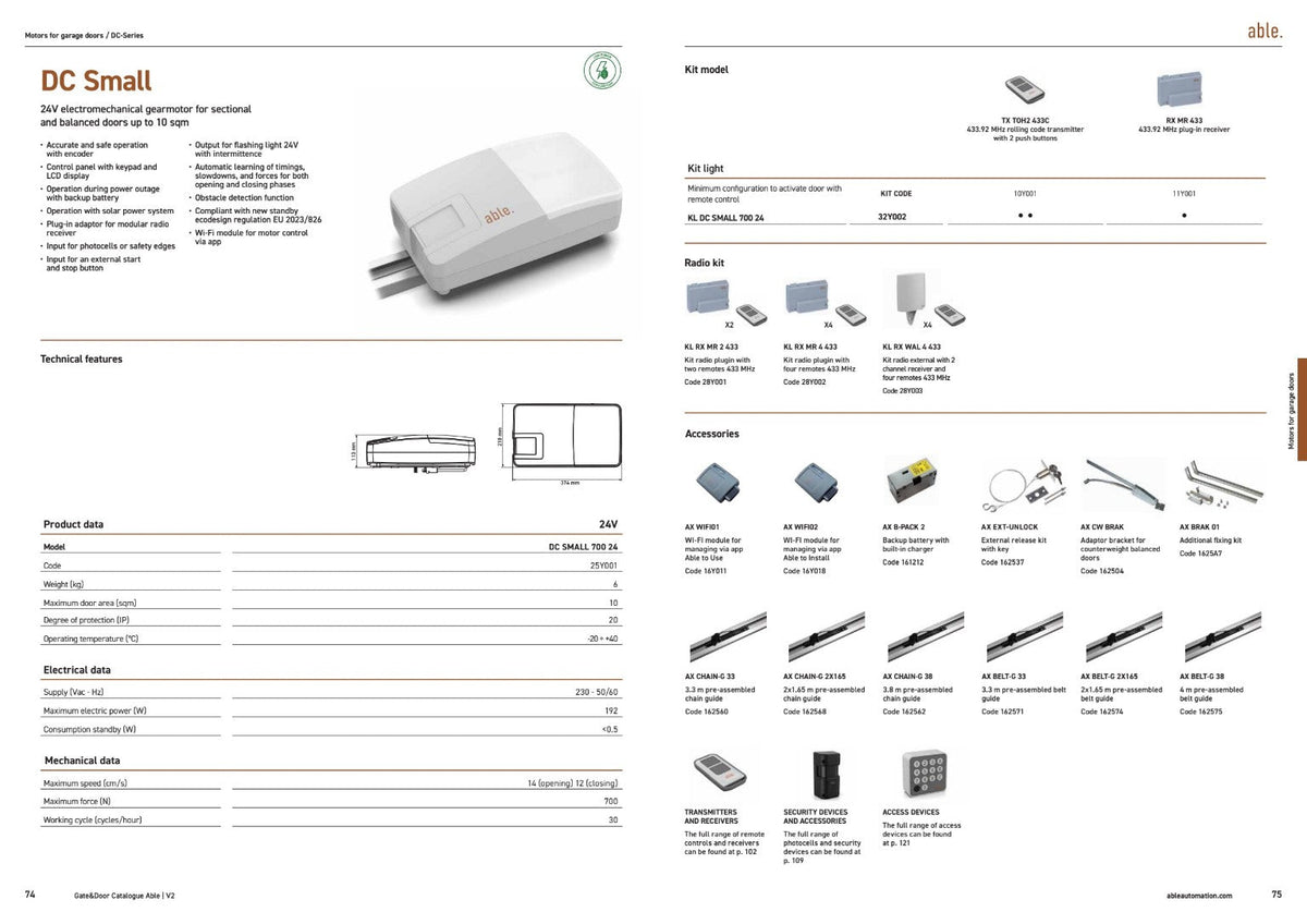 Able DC-Series Garage Door Operators brochure showing a white DC Small motor, technical specifications and accessory options.