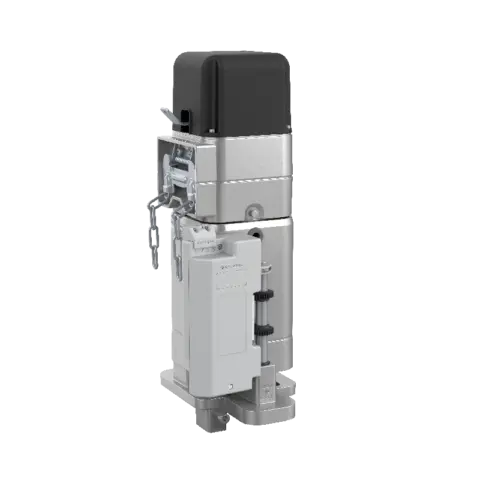 Able DR-Series Rolling Shutter Motors, vertical silver metal operator with a black top housing and attached control box