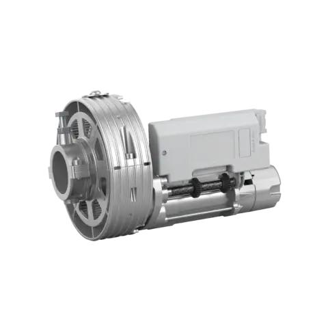 Able DR-Series Rolling Shutter Motors with a silver metal drum, white housing, and exposed drive shaft and gears.