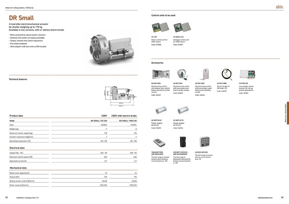 Able DR-Series Rolling Shutter Motors, silver metal shutter operator with a ribbed circular drive crown and compact motor body