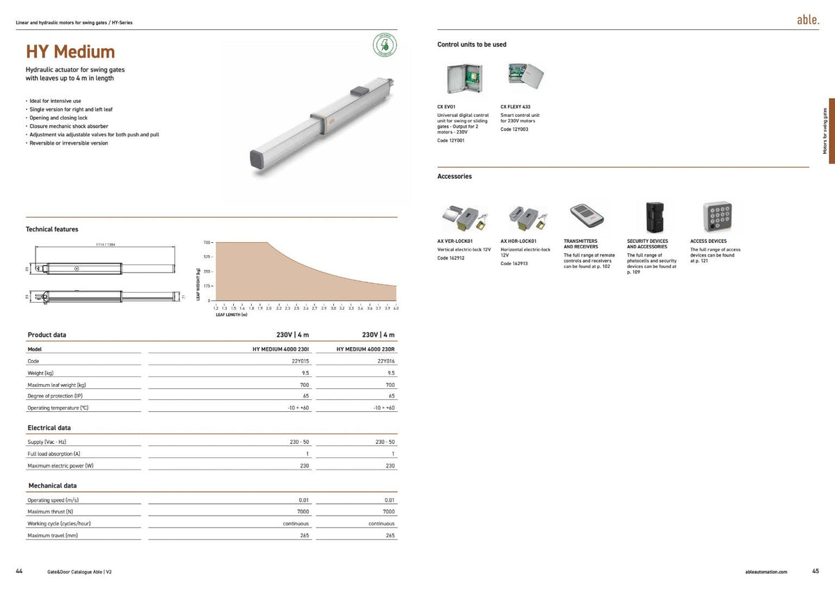 Able HY-Series Hydraulic Swing Gate Operators, silver hydraulic actuators with a smooth metal casing and technical specification charts