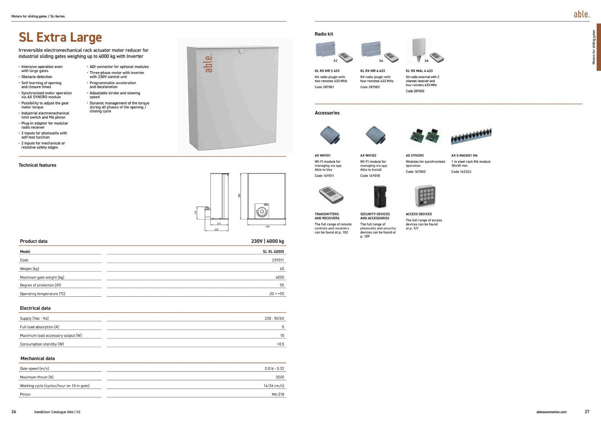 Able SL-Series Sliding Gate Motors with a grey rectangular housing, technical drawings and accessory illustrations