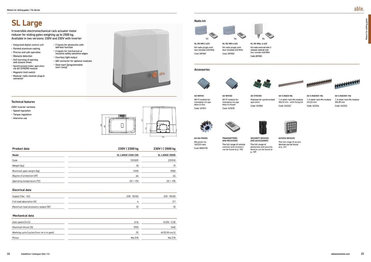 Able SL-Series Sliding Gate Motors catalogue spread showing a grey SL Large gate motor, technical diagrams and accessories
