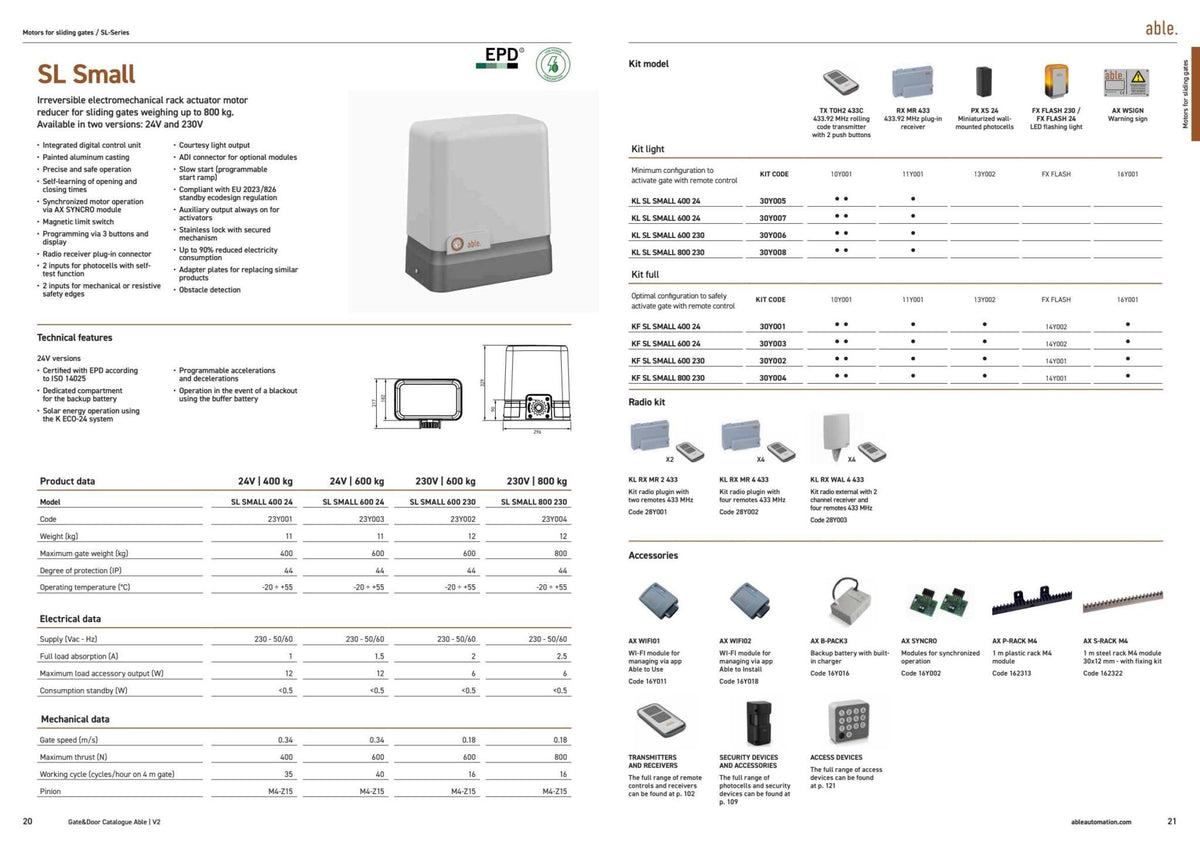 Able SL-Series Sliding Gate Motors shown in a product catalogue with a compact light-grey operator, technical specifications and accessories.