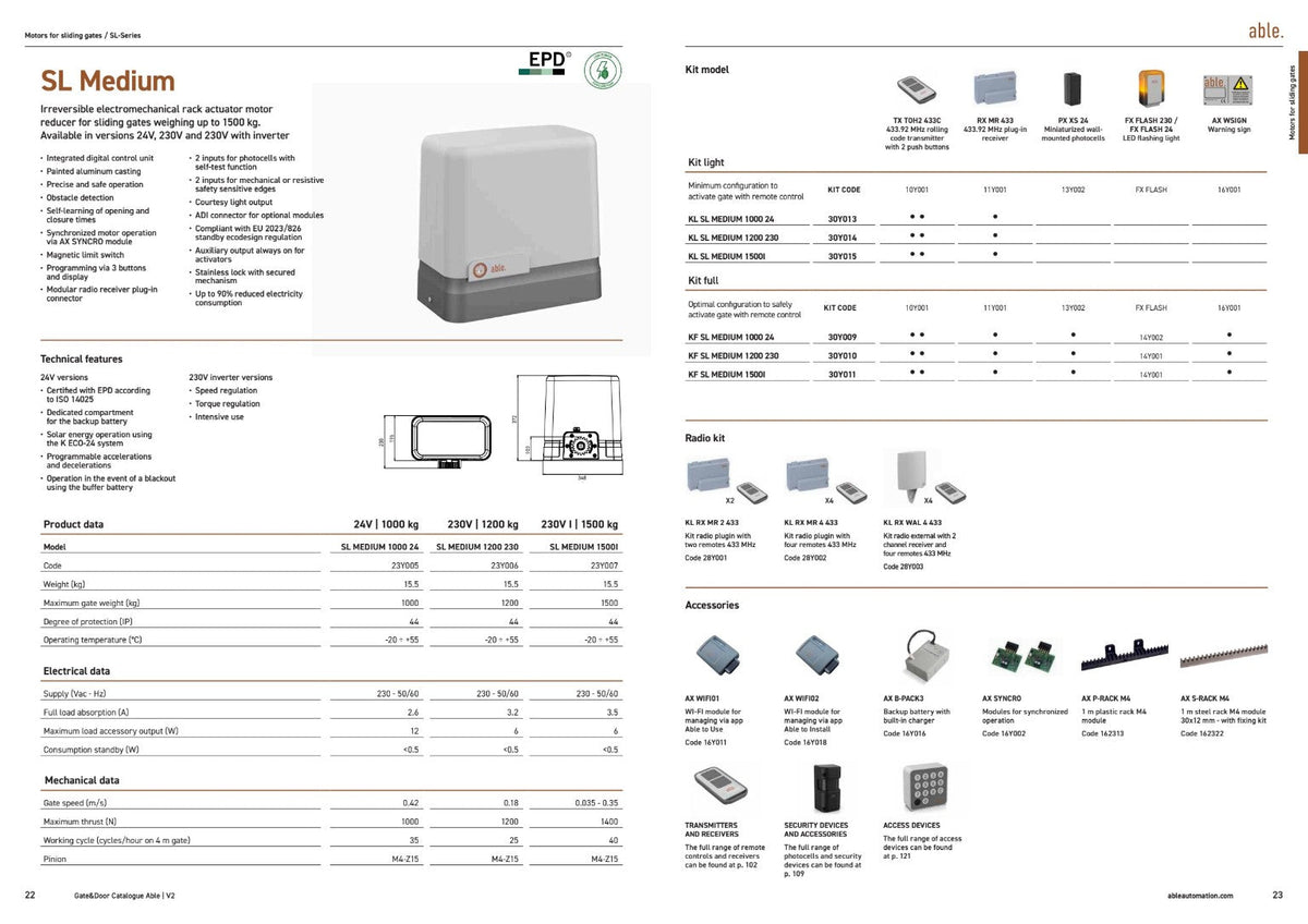 Able SL-Series Sliding Gate Motors, featuring a grey enclosed motor unit, specification tables and accessory illustrations