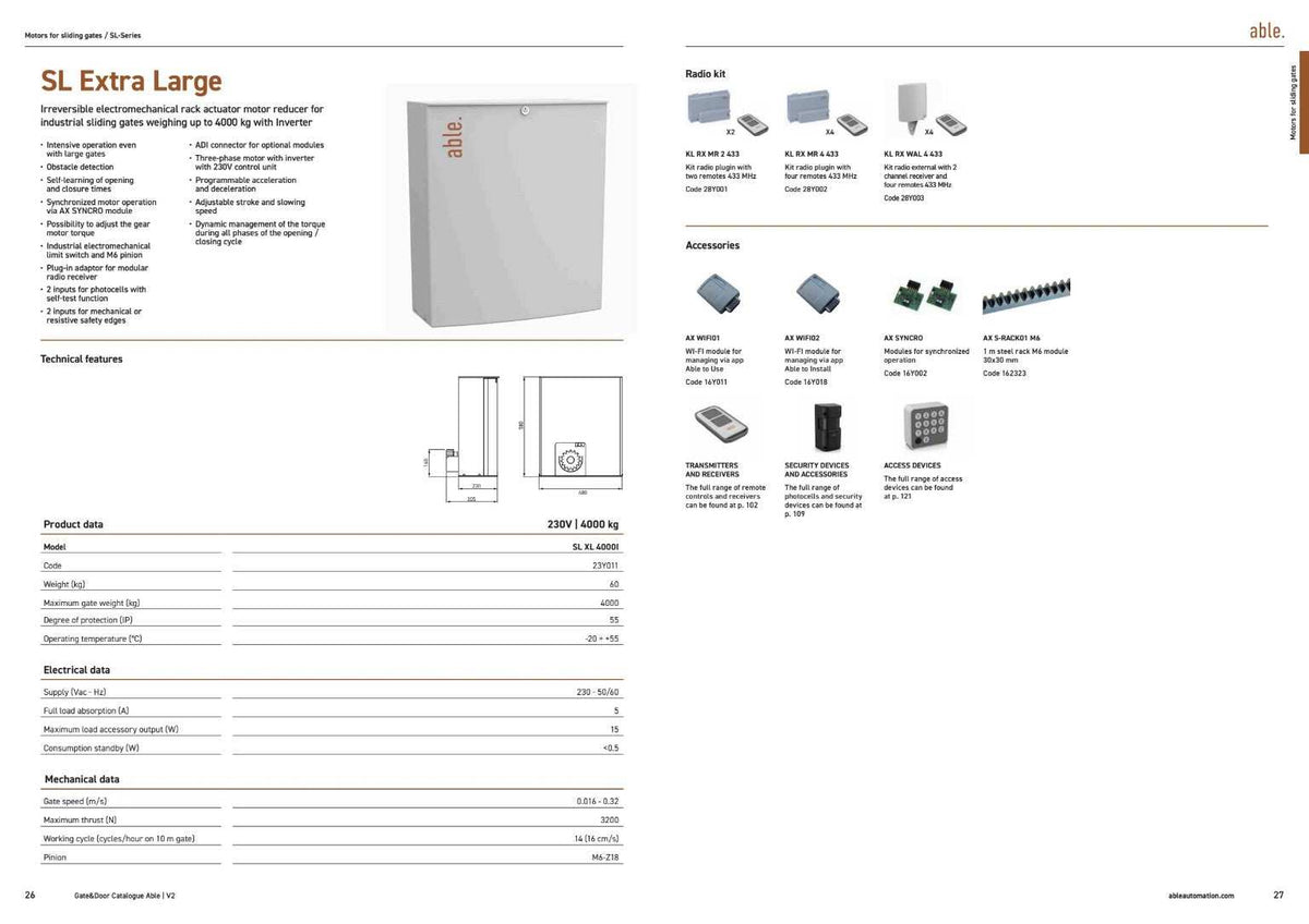 Able SL-Series Sliding Gate Motors catalogue spread showing a grey SL Extra Large 4000 motor and radio controls, receivers and accessories