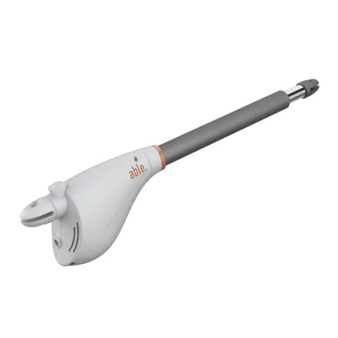 Able TL-Series Telescopic Swing Gate Motors with a white housing, grey metal telescopic arm and orange accent ring.