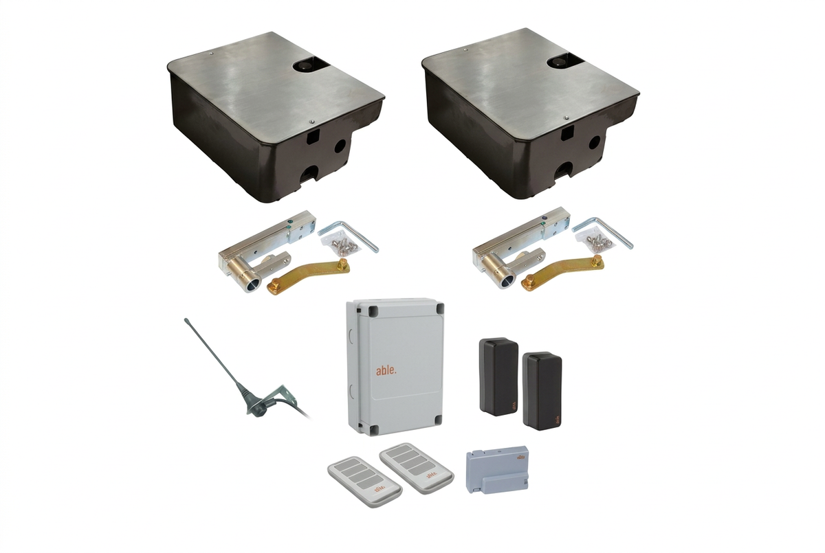 Underground swing gate operator kit, Able UG Medium 3500, with two metal housings, linkages, control box, remotes and sensors.