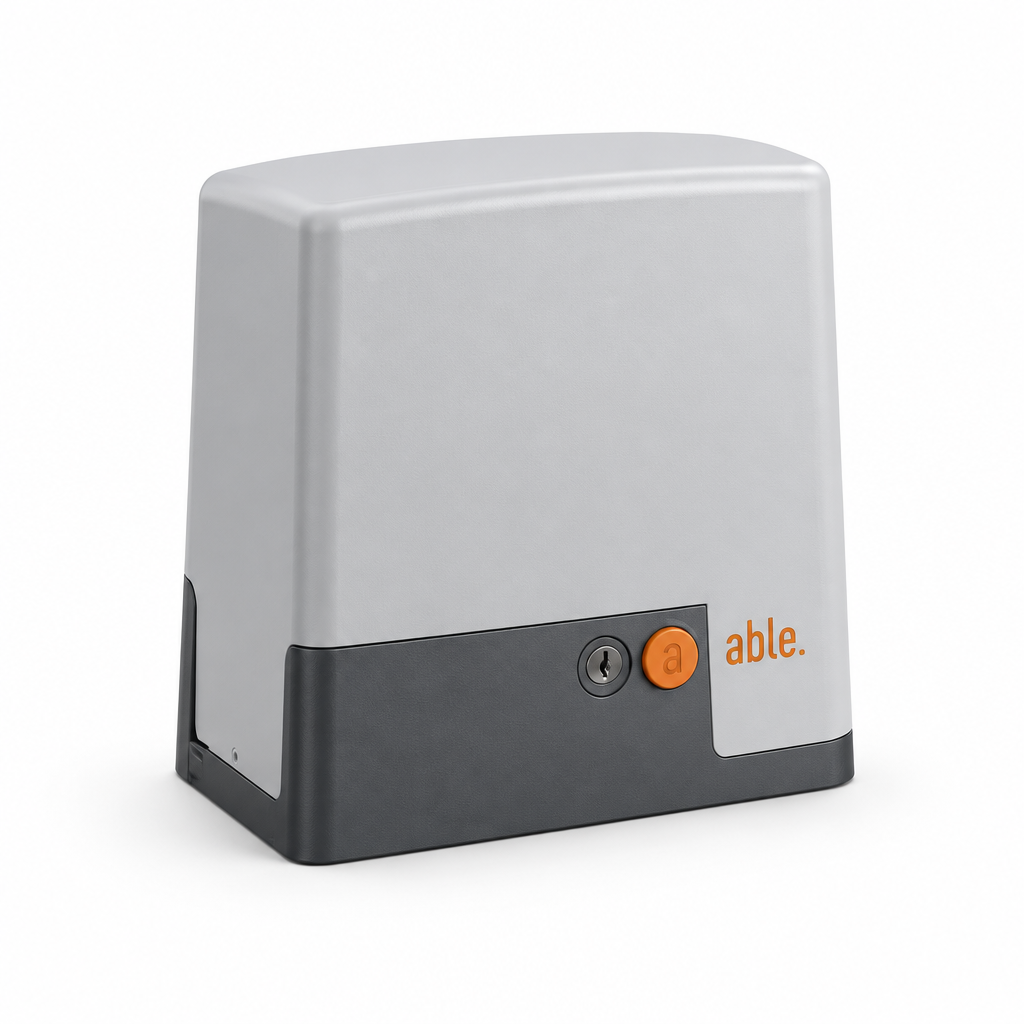 Sliding gate operator in light grey and charcoal plastic, with a key lock and orange Able badge; Able SL Medium Sliding Gate automation unit.