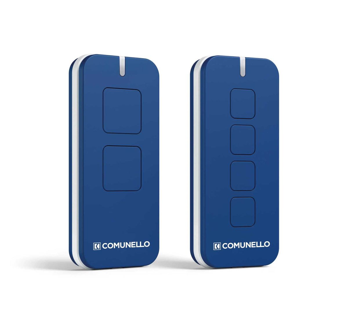 Comunello Rolling-Code Gate Remote in blue plastic, shown as two slim handsets with two-button and four-button layouts.