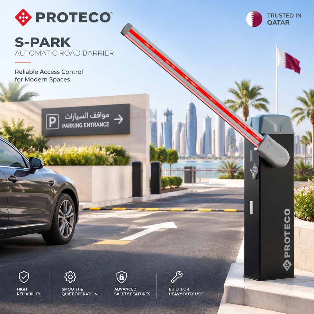 Automatic road barrier, Proteco S-PARK Automatic Road Barrier with a black metal cabinet and raised red-and-white striped boom arm