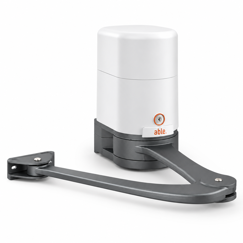 Able AR-Series Articulated Swing Gate Motors with a white plastic housing and dark grey articulated metal arm, featuring an orange-ringed key release.