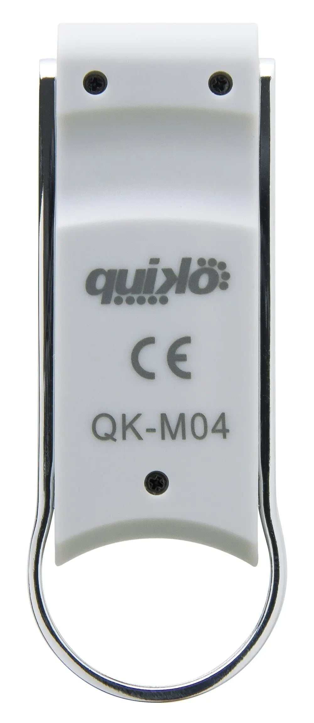 Quiko 4-Channel Gate Remote with a white plastic back, silver trim, black screws and printed Quiko QK-M04 branding