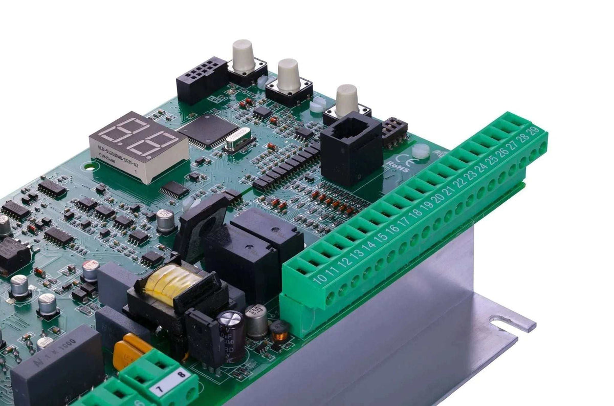 Quiko ERCOLE 2500 Industrial Sliding Gate Motor control board, green circuit board with terminal blocks, display and metal base.