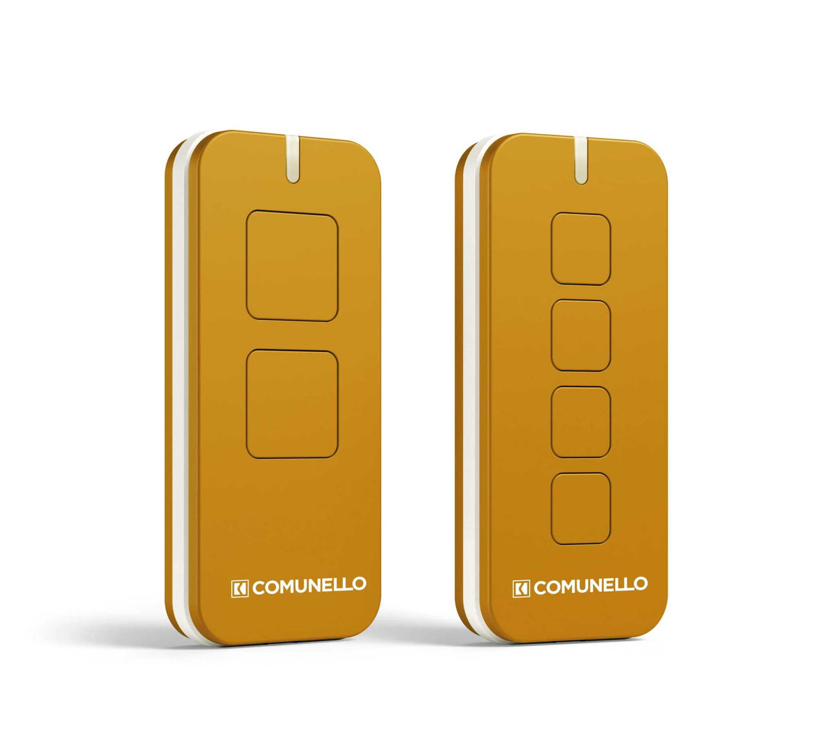 Comunello Rolling-Code Gate Remote in gold-toned plastic, with rounded rectangular cases and two or four outlined buttons.