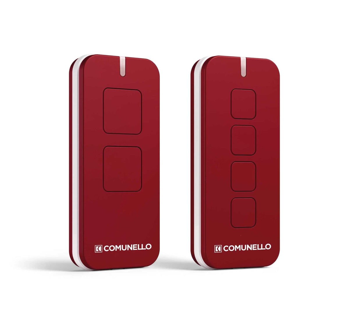Comunello Rolling-Code Gate Remote, glossy red plastic handsets with white side trim, one with two buttons and one with four.