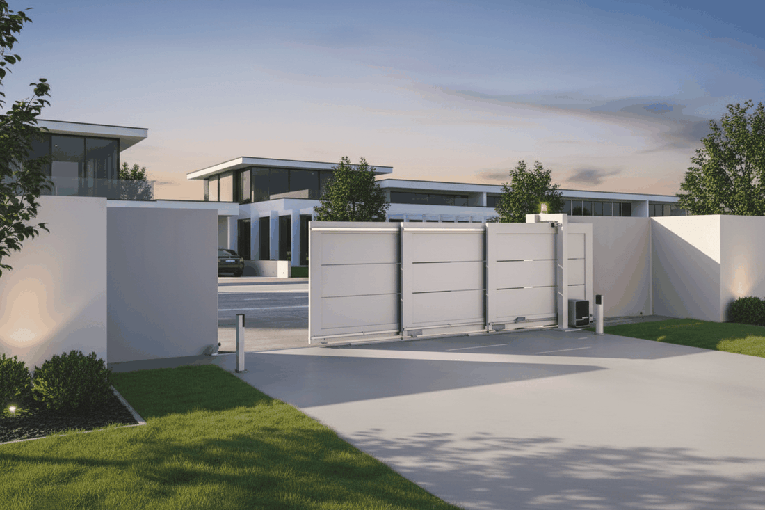 Sliding gate with Best sliding gate automation, light grey metal panels and horizontal seams, in a modern design.