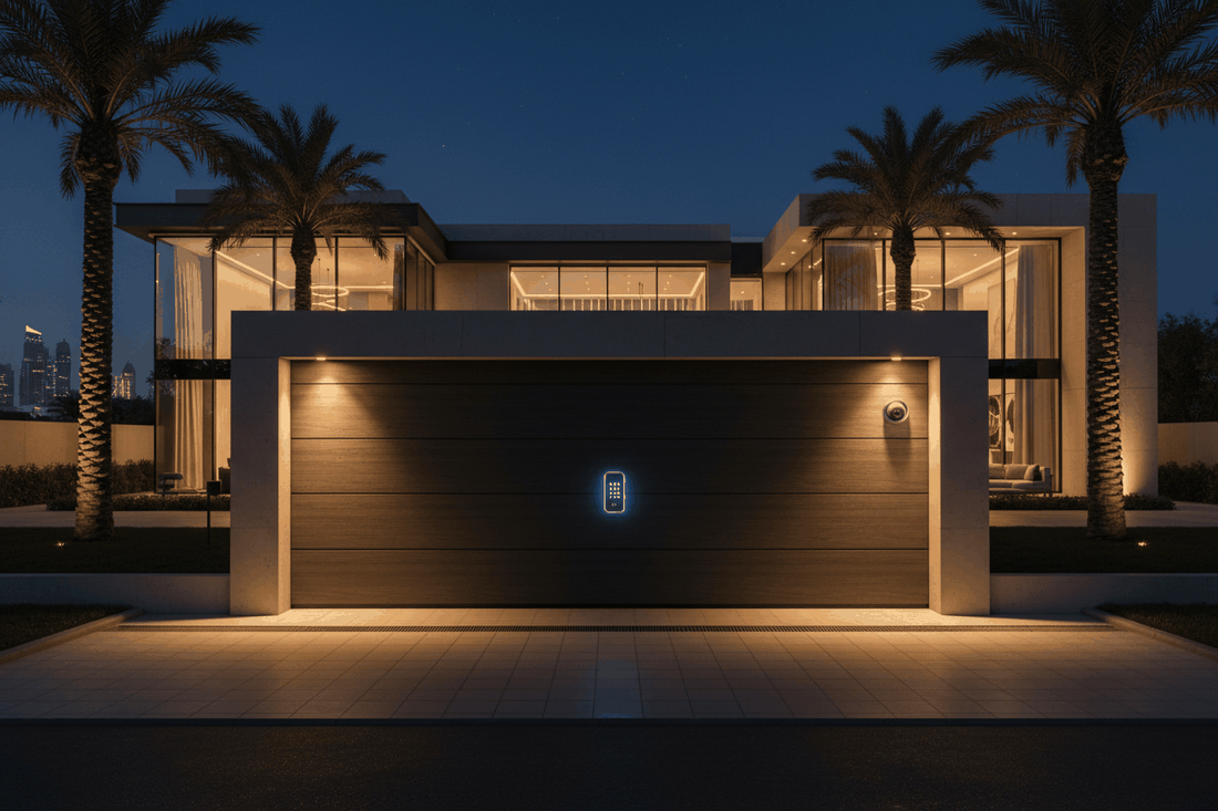 Automatic Gate Installation in Doha for a modern villa, featuring a wide dark wood-look sliding gate with keypad access and security camera
