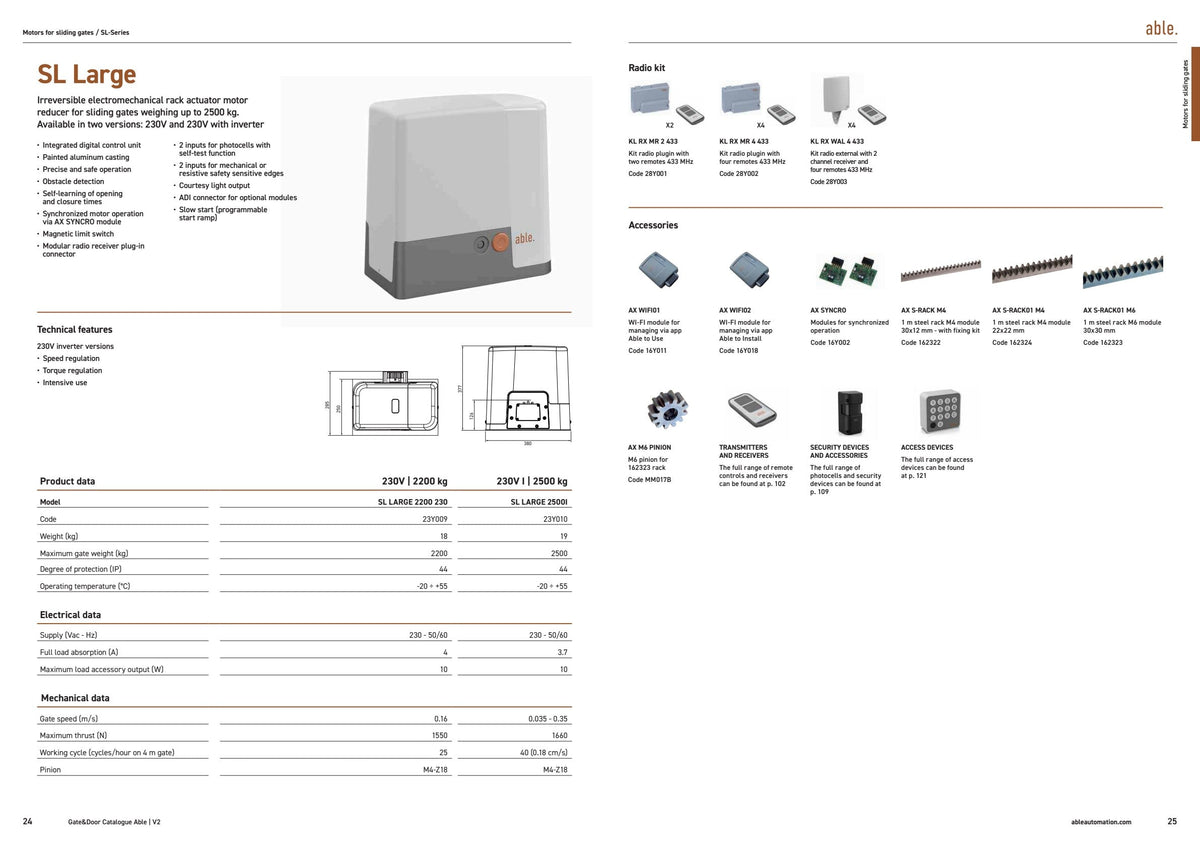 Able SL Large Sliding Gate Operator, grey rectangular motor with a smooth casing and orange control panel, shown in a product catalogue.