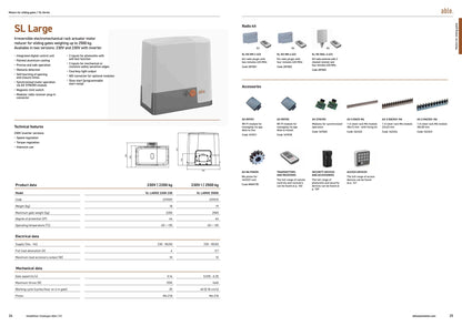 Able SL Large Sliding Gate Operator, grey rectangular motor with a smooth casing and orange control panel, shown in a product catalogue.
