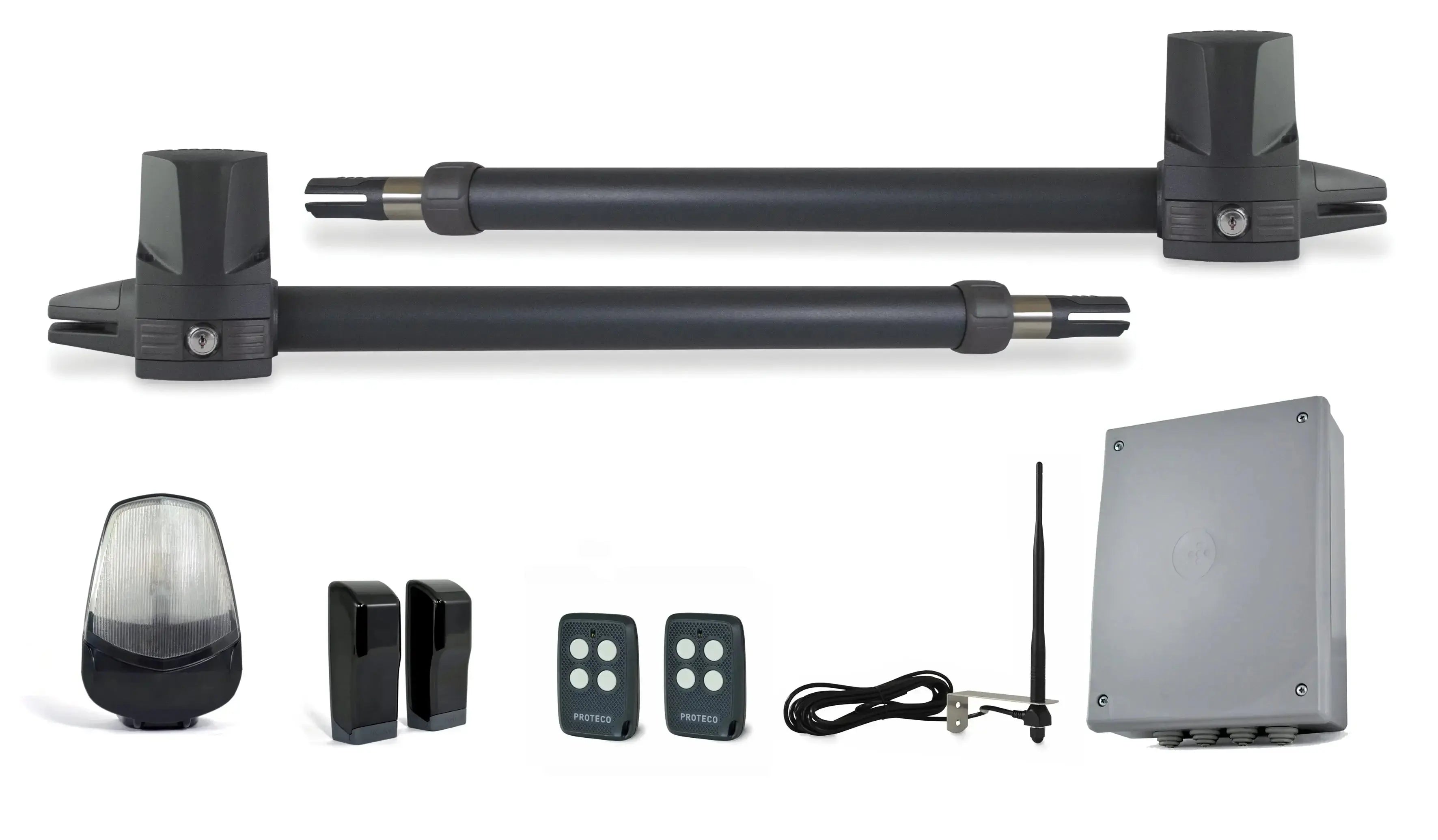 Italian automatic gate kit with swing gate motors, remotes, control box, and safety sensors for Qatar installations