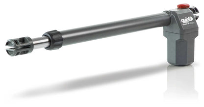 Quiko EON E-600 Swing Gate Operator, dark gray metal linear actuator with a silver rod and red button.