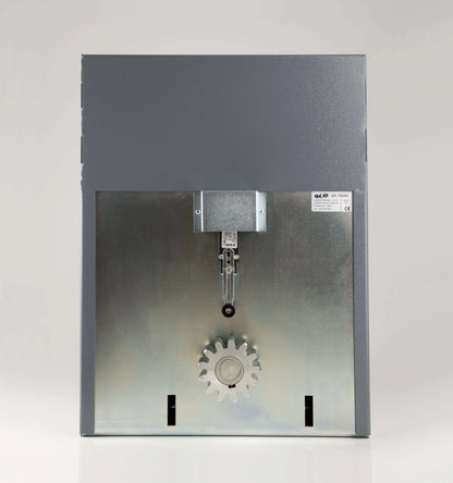Quiko TITANO Heavy Duty Gate Operator in a gray metal housing with a silver panel and exposed gear mechanism.