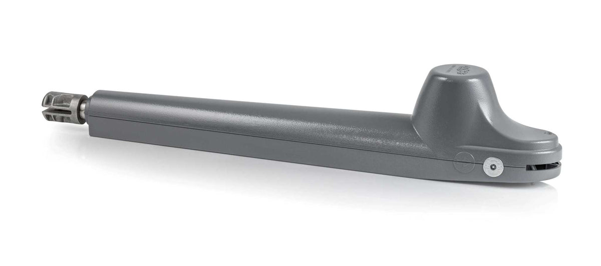 Quiko ROTELLO Swing Gate Operator in dark gray metal, with a long slim arm and raised rounded housing at one end.