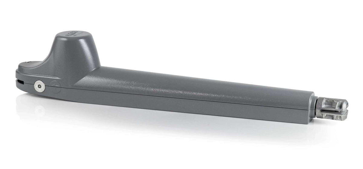 Quiko ROTELLO Swing Gate Operator in dark gray metal, with a long actuator arm and raised motor housing.