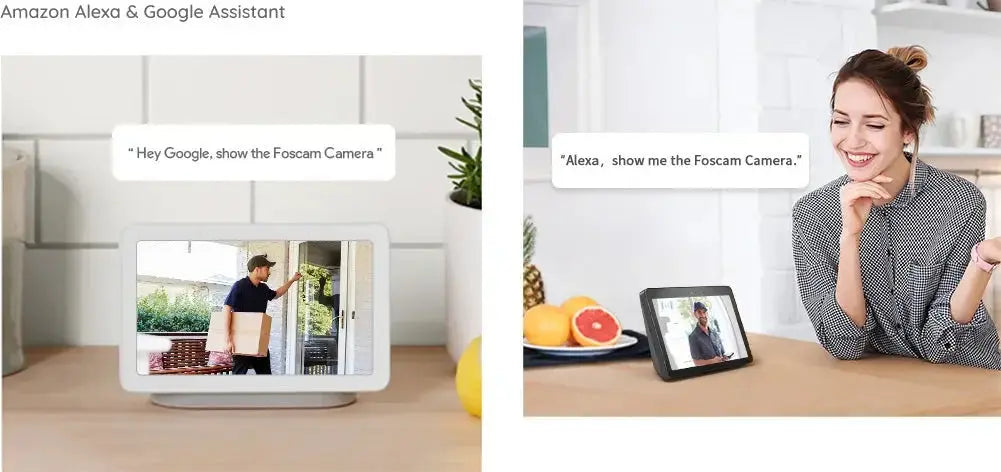 Smart home tablet displaying Foscam camera feed, voice-controlled via Alexa & Google Assistant