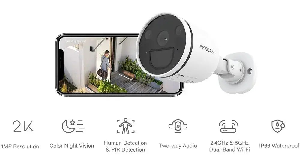 Foscam 2K outdoor security camera with color night vision, human detection, and dual-band Wi-Fi for smart home safety